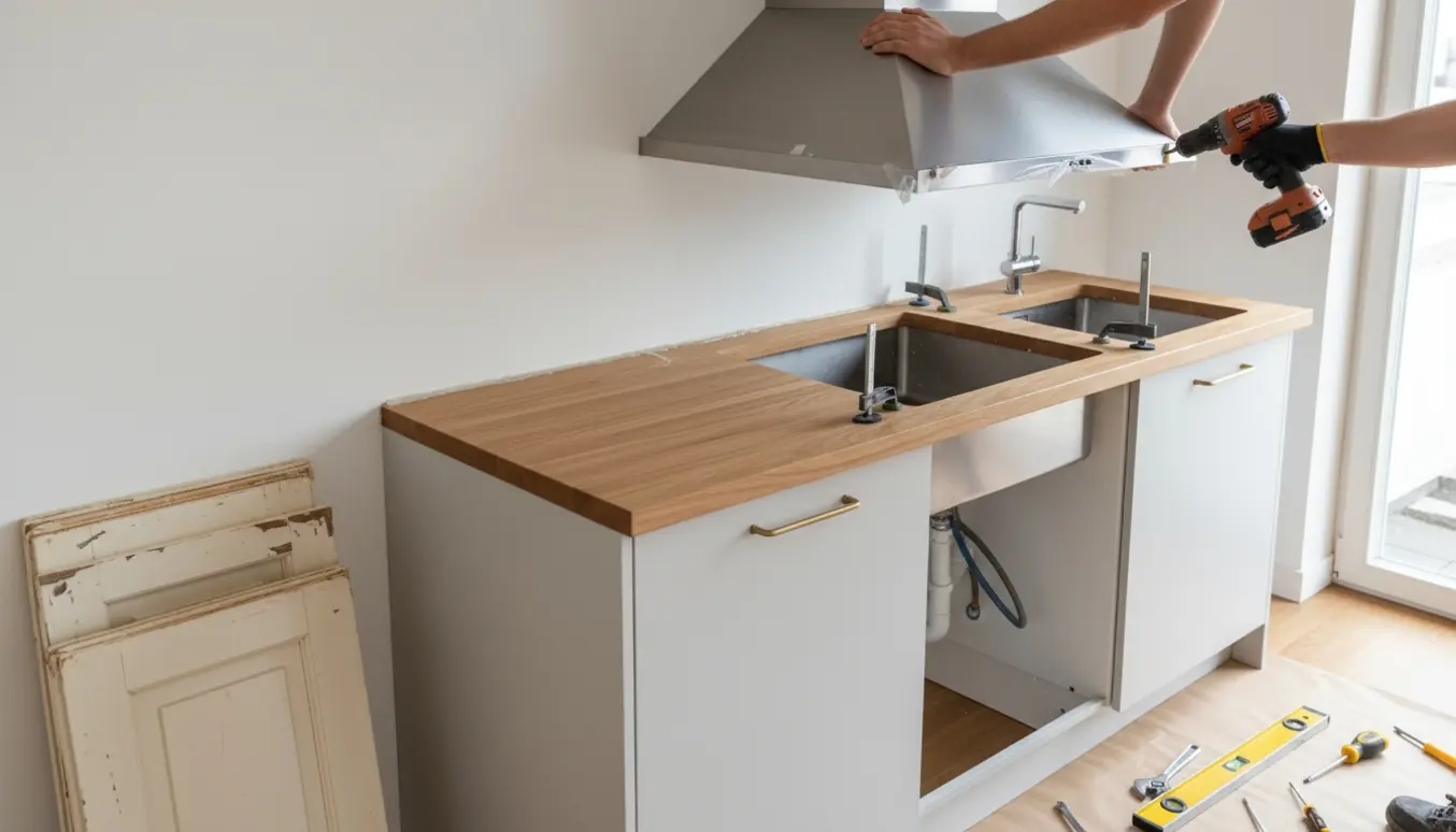 Hænder monterer nye køkkenfronter og en emhætte i et lyst, moderne køkken.