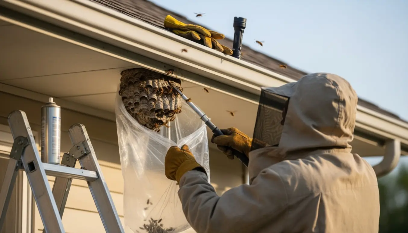 Hvepsebo i tagrenden fjernes fra en stige af en person med beskyttelsesudstyr.