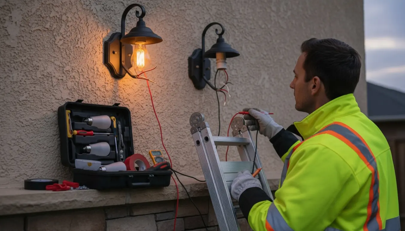 Elektriker inspicerer to udendørs lamper ved husfacaden med værktøj og åben værktøjskasse.