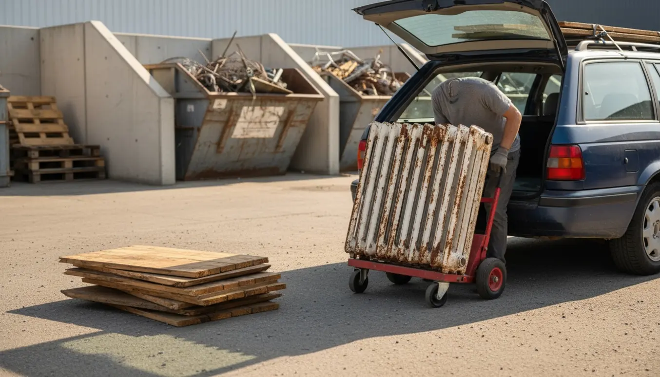 Flad jernradiator og flere lange træpaneler læsses til aflevering på genbrugspladsen.