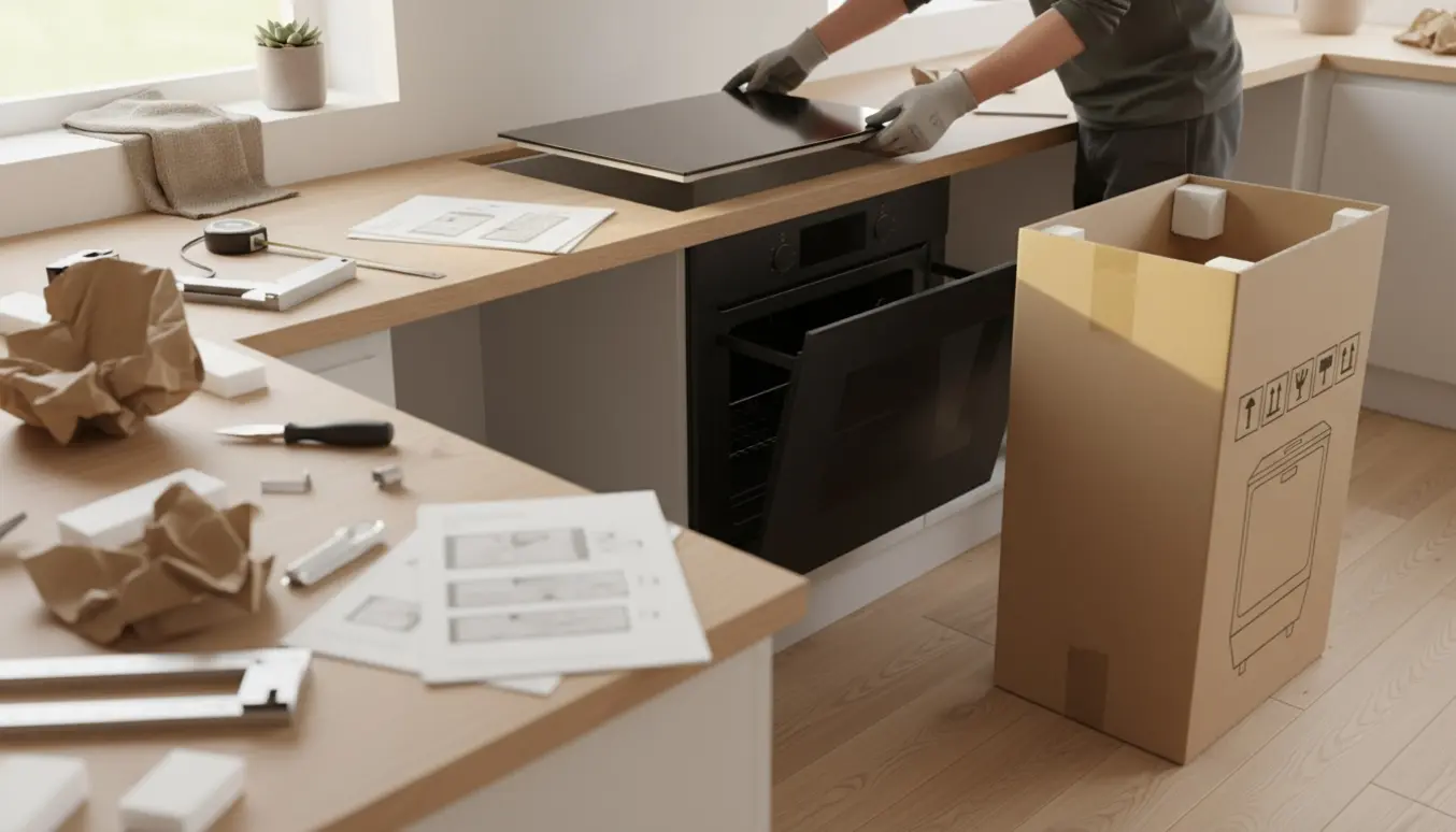 Slank 60 cm induktionskogeplade, 600 mm indbygningsopvaskemaskine og sort 70 L ovn klargjort til montering i lyst sommerhus-køkken.