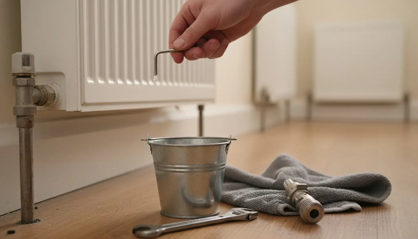 Hænder lufter en radiator med en radiatornøgle, spand og klud på gulvet i et lyst rum.