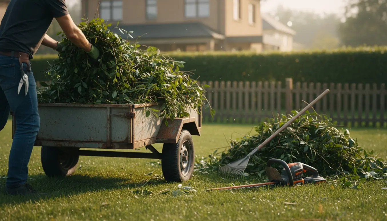 Lille åben trailer næsten fyldt med nyklippede hækafklip ved en nysnoet hæk i en villahave.