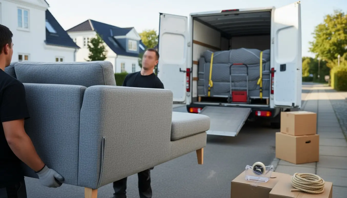 Opdelt sofa bæres ind i en hvid flyttevogn foran et roligt dansk parcelhus, pakket i tæpper og klar til transport.