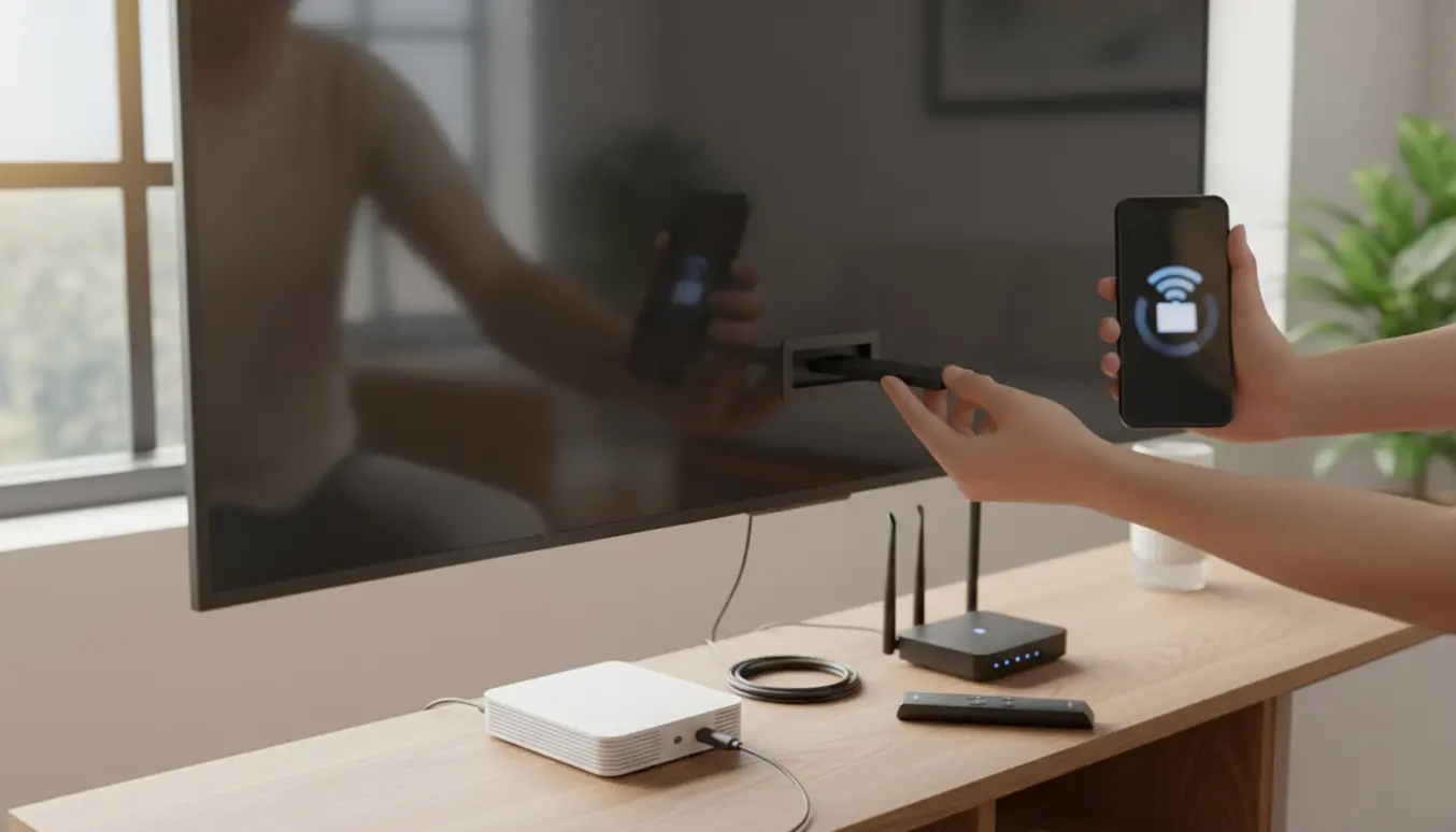 Hænder tilslutter en streaming-dongle til et TV med smartphone og fiber-router i baggrunden.