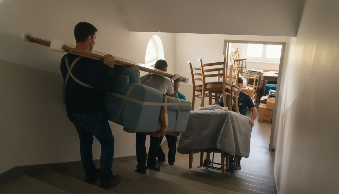 Sofa, spisebord med stole og en skrivebordsplade bæres ned ad en trappe mod et åbent storskraldsrum, uden synlige ansigter.
