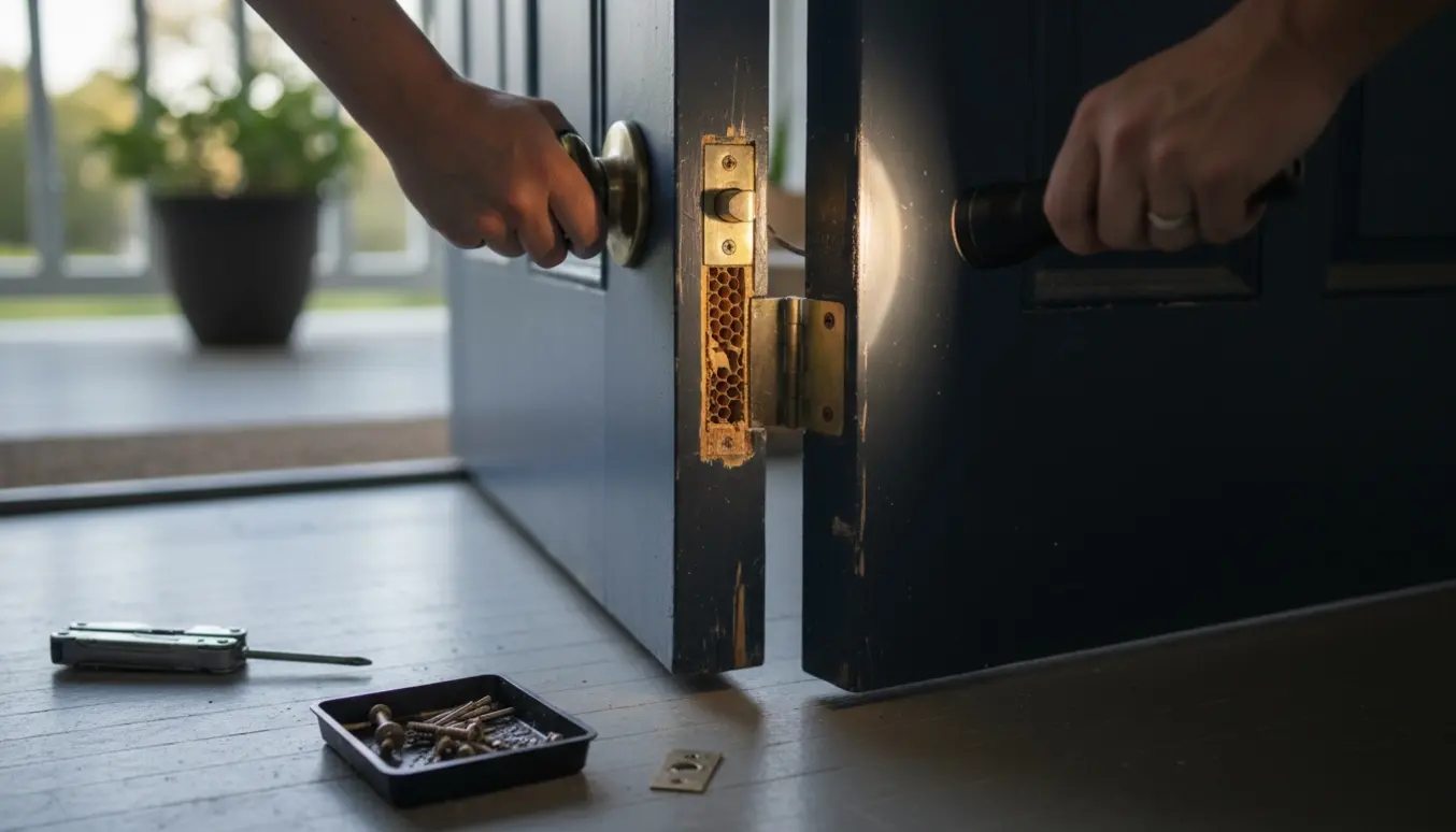 Hænder inspicerer kanten af en yderdør med lås, åben dørkarm og løse skruer i en bakke.