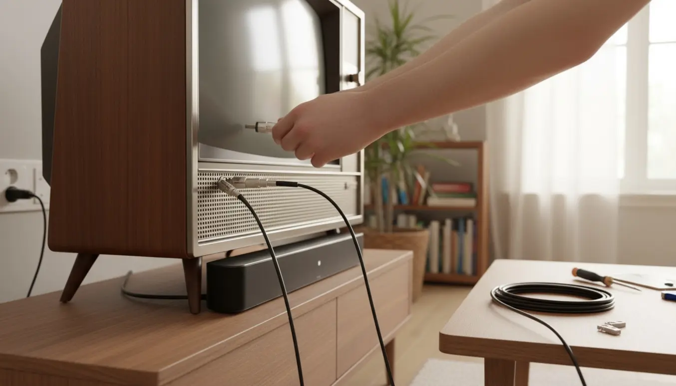 Hænder tilslutter et gammelt B&O‑stil fjernsyn til ejendommens kabel og en moderne soundbar i en lys stue.