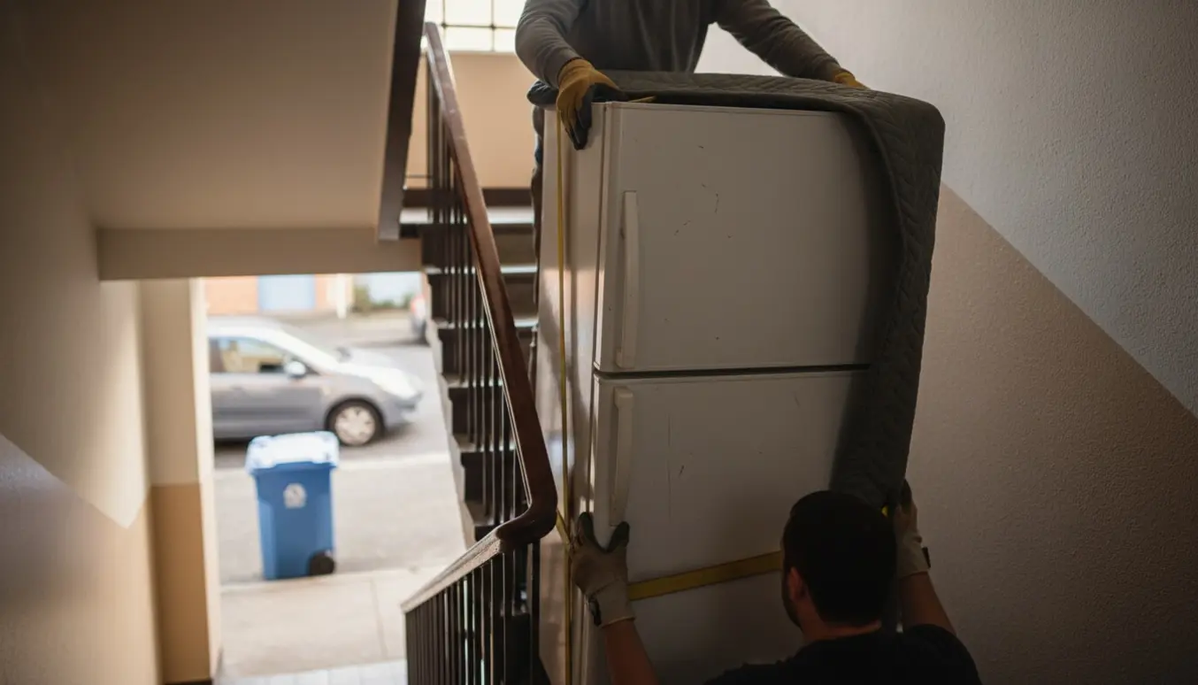 To personer bærer et køleskab ned ad en smal trappe, ansigter ikke synlige.