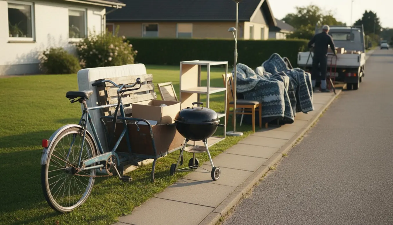 Storskrald med ladcykel, palle og grill stillet ved fortovet til afhentning på en villavej.