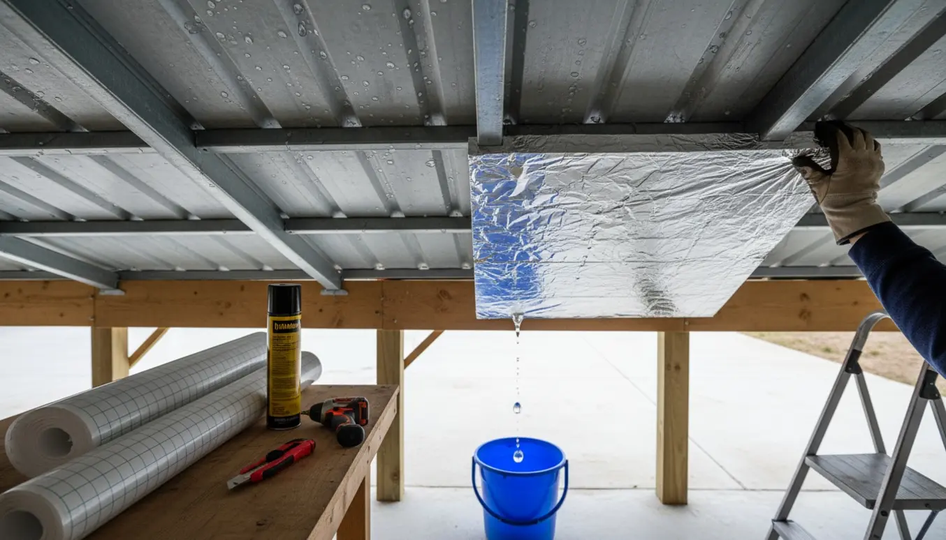 Underside af carportens trapeztag med kondensdråber og handsker, der holder en isoleringsplade.