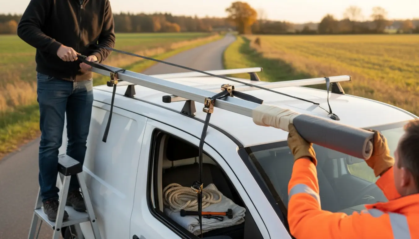 En 4,3 m lang gardinstang sikret med polstring og stropper på taget af en varebil klar til transport.