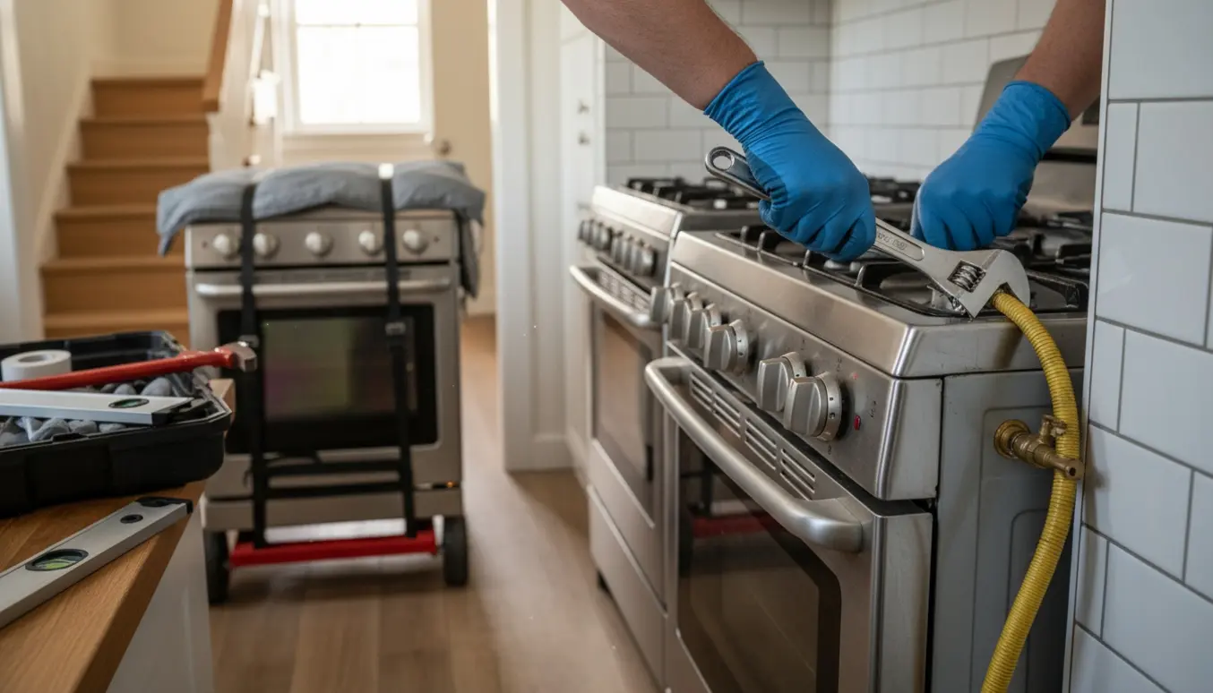 Glædeværkstrin: et gaskomfur trækkes ud i et lejlighedskøkken, mens værktøj og et andet komfur på en flyttevogn venter.