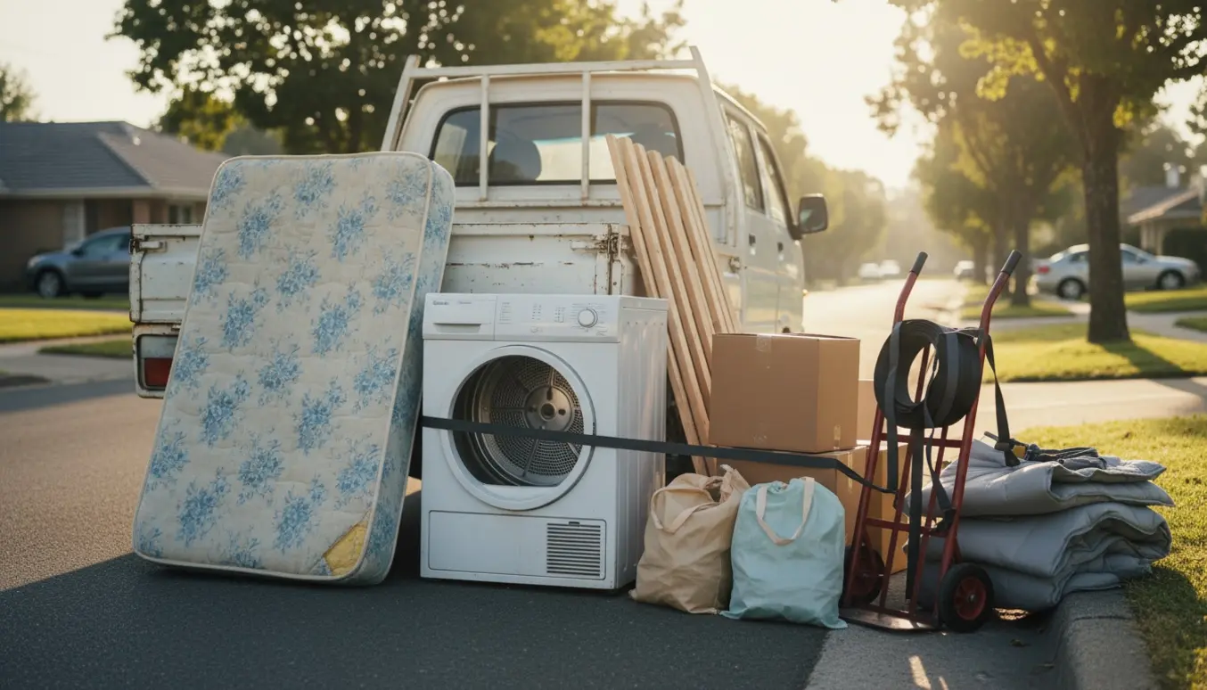 Ladvogn ved fortovet lastet med en gammel madras, en defekt tørretumbler og genbrugsposer.