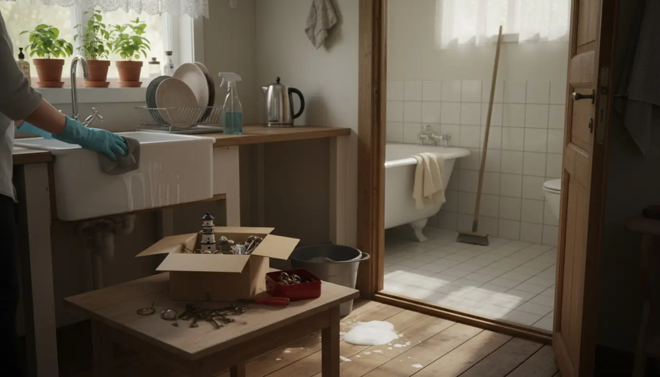 Lyst kolonihave-køkken hvor hænder i handsker tørrer en vask, med rengøringsudstyr, sorteringskasser og åben dør til badeværelse.
