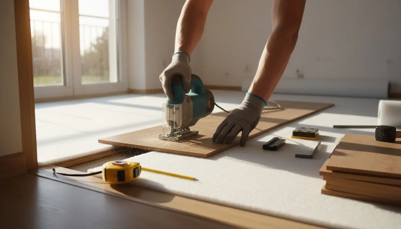Nærbillede af lægning af klikgulv på ca. 20 m² med termo-underlag og et bræt, der saves under dørkarmen.