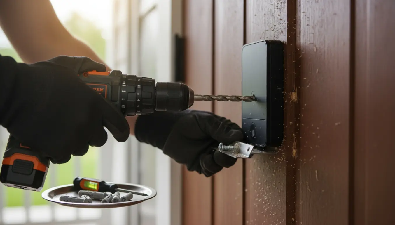 Hænder med arbejdshandsker monterer en moderne smart dørklokke på en udvendig hoveddør.