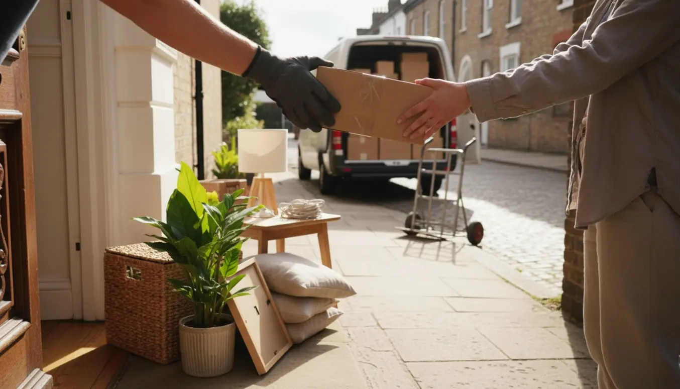 Små kartoner, lamper og en plante føres mellem en villa og et rækkehus ved en solbelyst hoveddør.