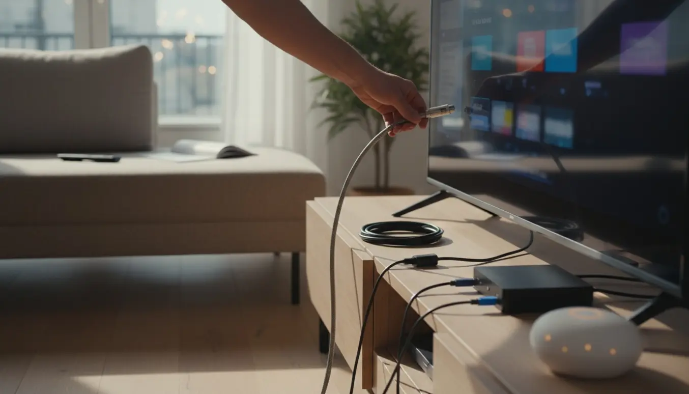 Hænder tilslutter kabler mellem tv, set-top-boks og router i en lys stue.