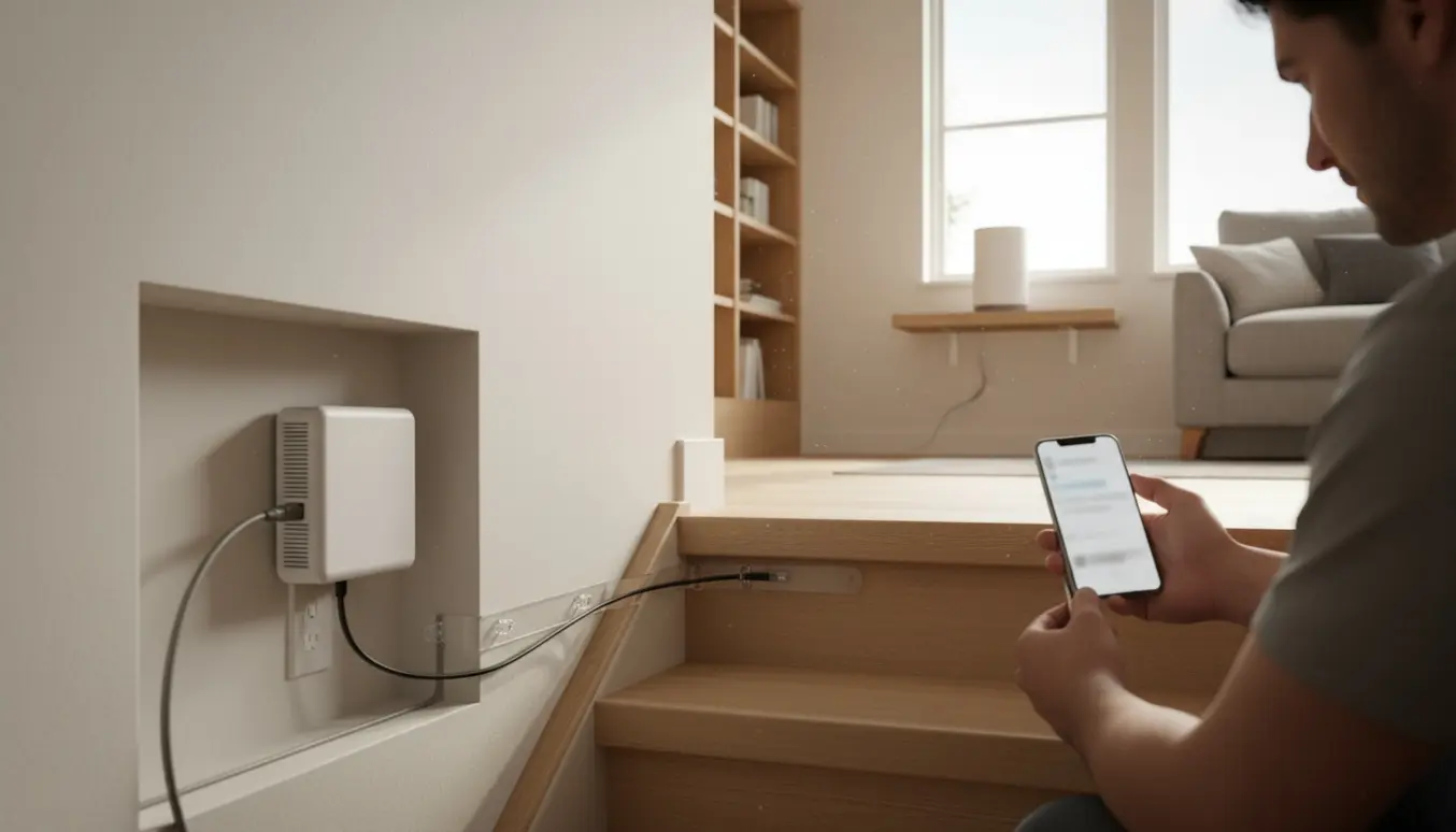 Fiber- og mesh-wifi-installation i et tre-etagers hus med kabel ført op gennem trappen og teknikerhænder i arbejde.