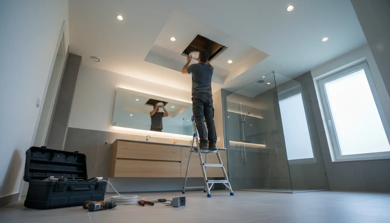 Elektriker monterer det femte indbygningsspot i et moderne badeværelse med profilloft, værktøj og fire tændte spots synlige.