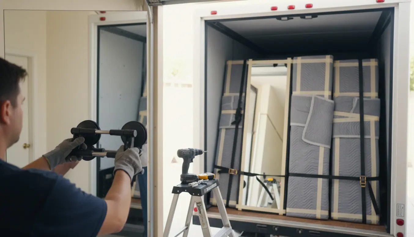 En flyttemand afmonterer et stort spejl fra en gipsvæg mens flere indpakkede spejle er sikret i varebilen.