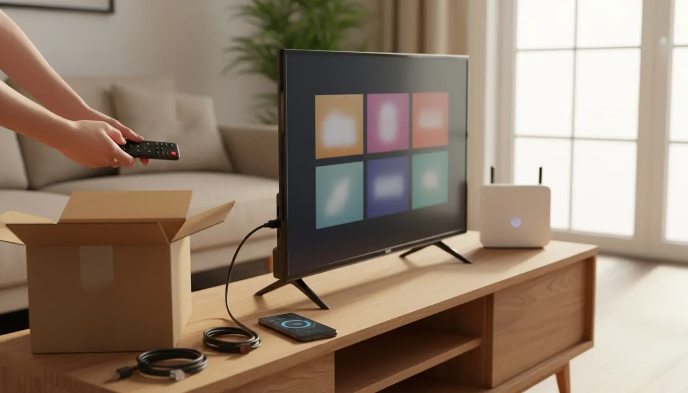 Hænder opsætter en ny 32-tommer TV på et tv-bord med fjernbetjening, HDMI-kabel og router til Wi-Fi.