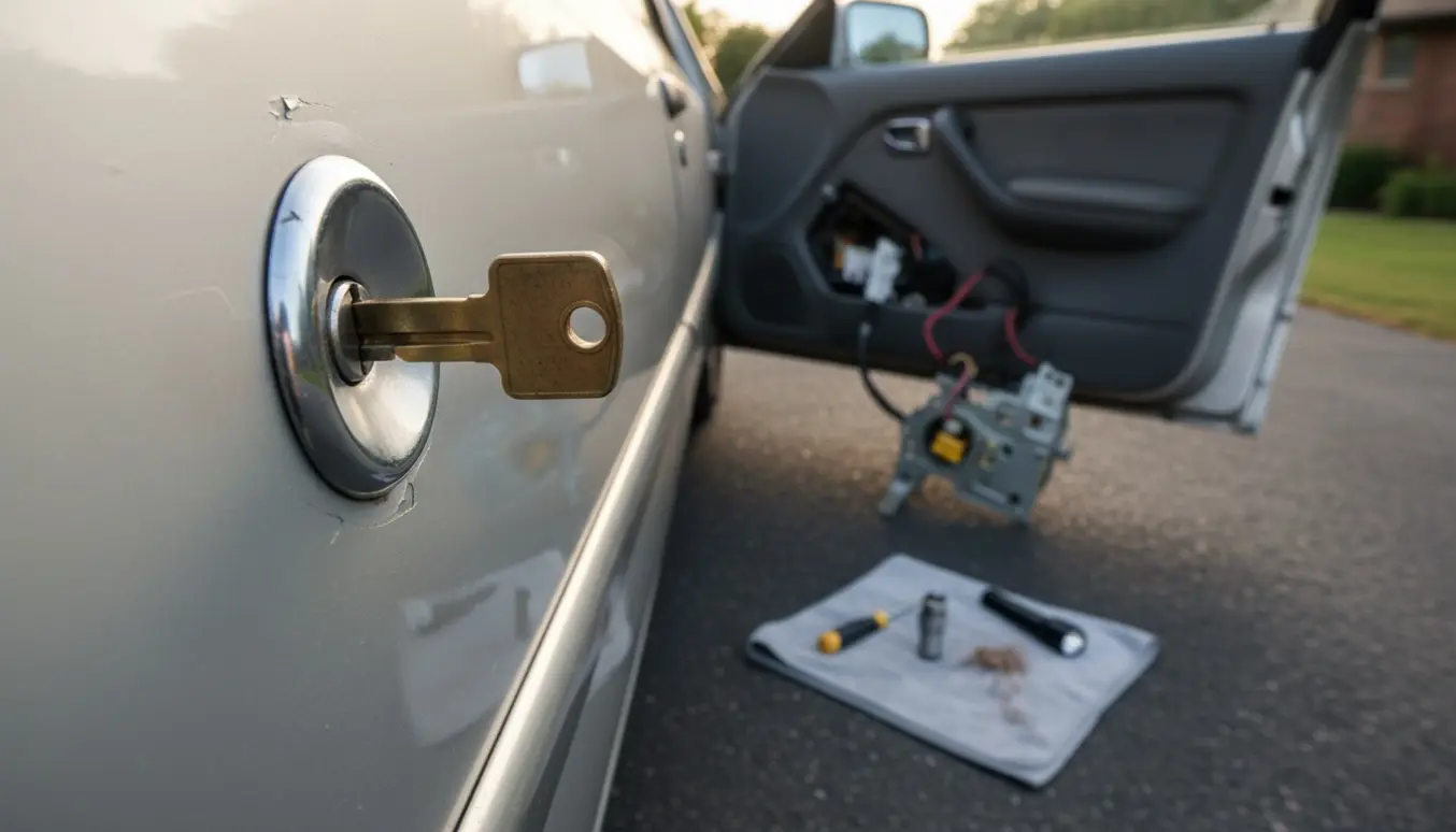 Nøgle sidder løst i dørlåsen på en ældre stationcar med udtaget låsecylinder og værktøj ved siden af.