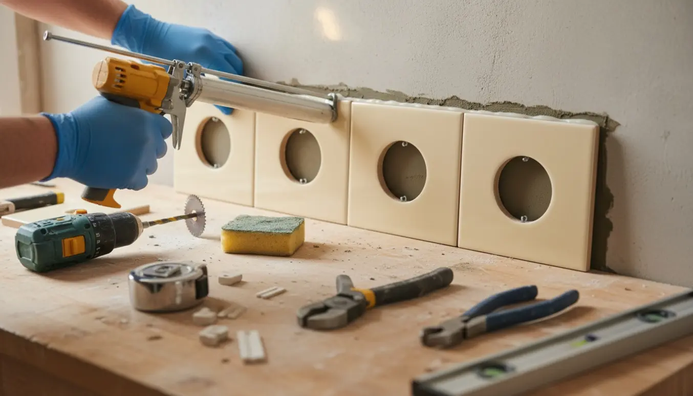 Hænder monterer fliser til køkken-backsplash med udskårne huller til stikkontakter og silikonemontage.