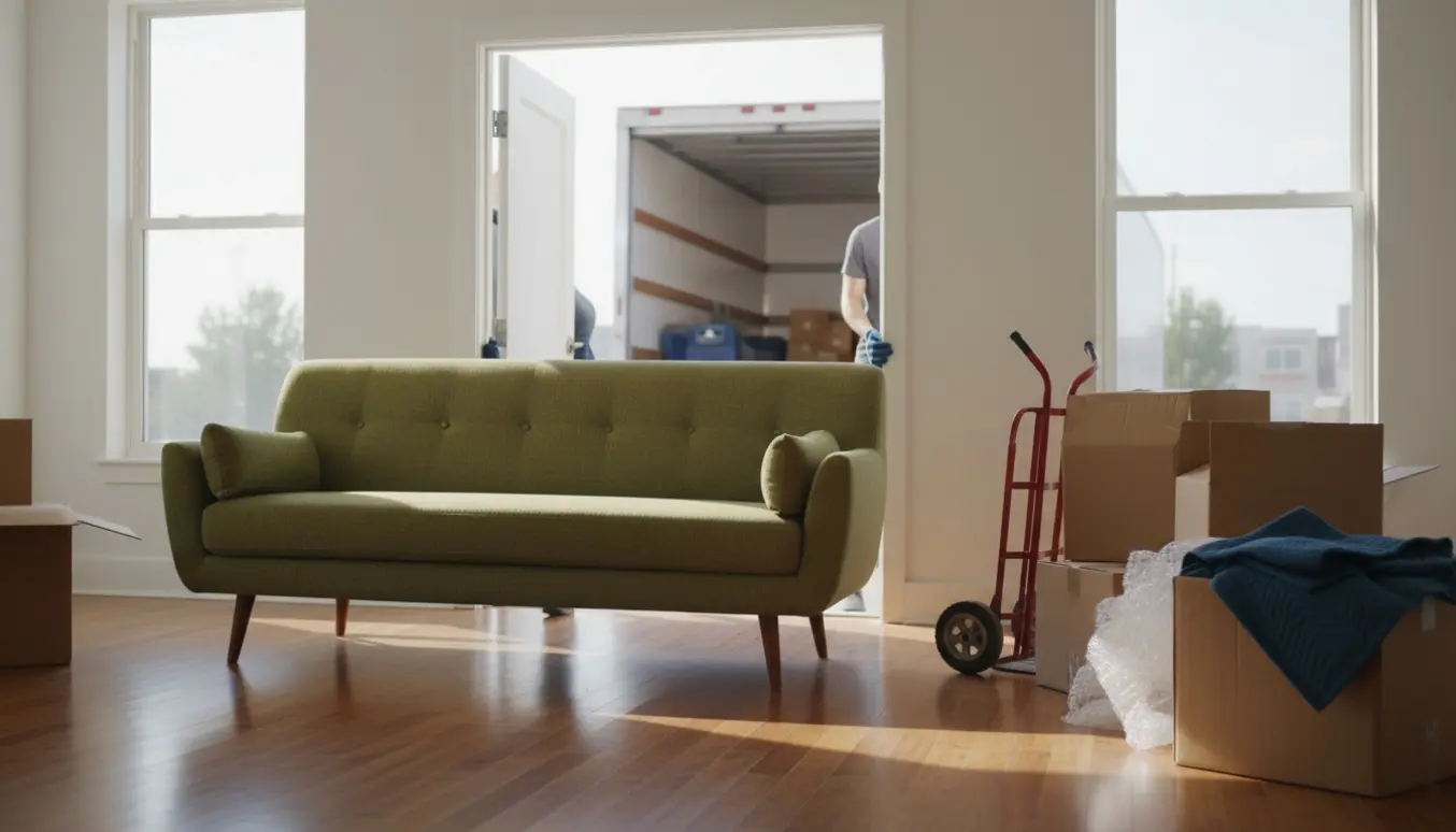 To personer bærer en sofa gennem en lys lejlighed med flyttekasser og emballagematerialer ved siden af.