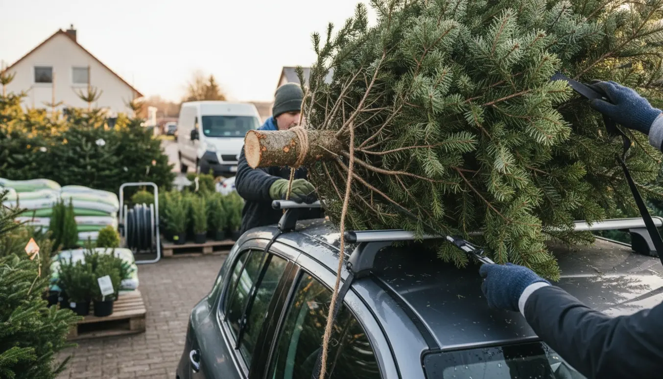 Et cirka 1,8 m højt juletræ bliver bundet fast på taget af en bil foran et byggemarked, klar til levering til gavlen.