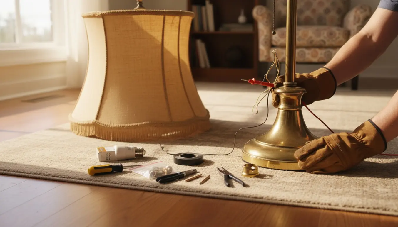 Hænder reparerer en stor gulvlampe med eksponeret ledning og værktøj i en lys, hyggelig stue.