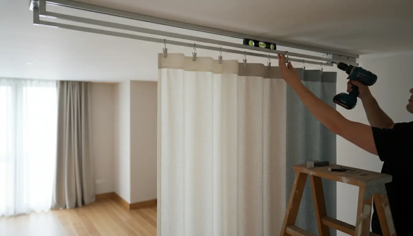 Hænder monterer en loftsmonteret gardinskinne med tre gardiner i et lyst, moderne rum.
