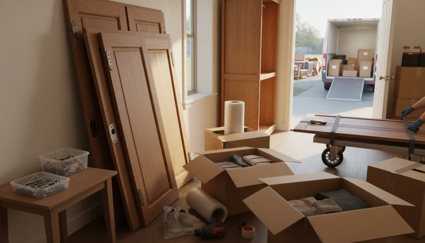 Delvist adskilt garderobe i en entré med flyttekasser, pakkematerialer og en flyttevogn klar til afhentning.