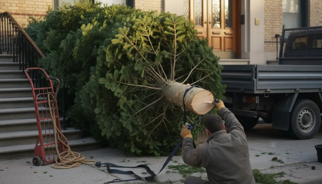 Et ca. 4 m højt juletræ ligger foran hovedindgangen, mens handskeklædte hænder sikrer det til afhentning.