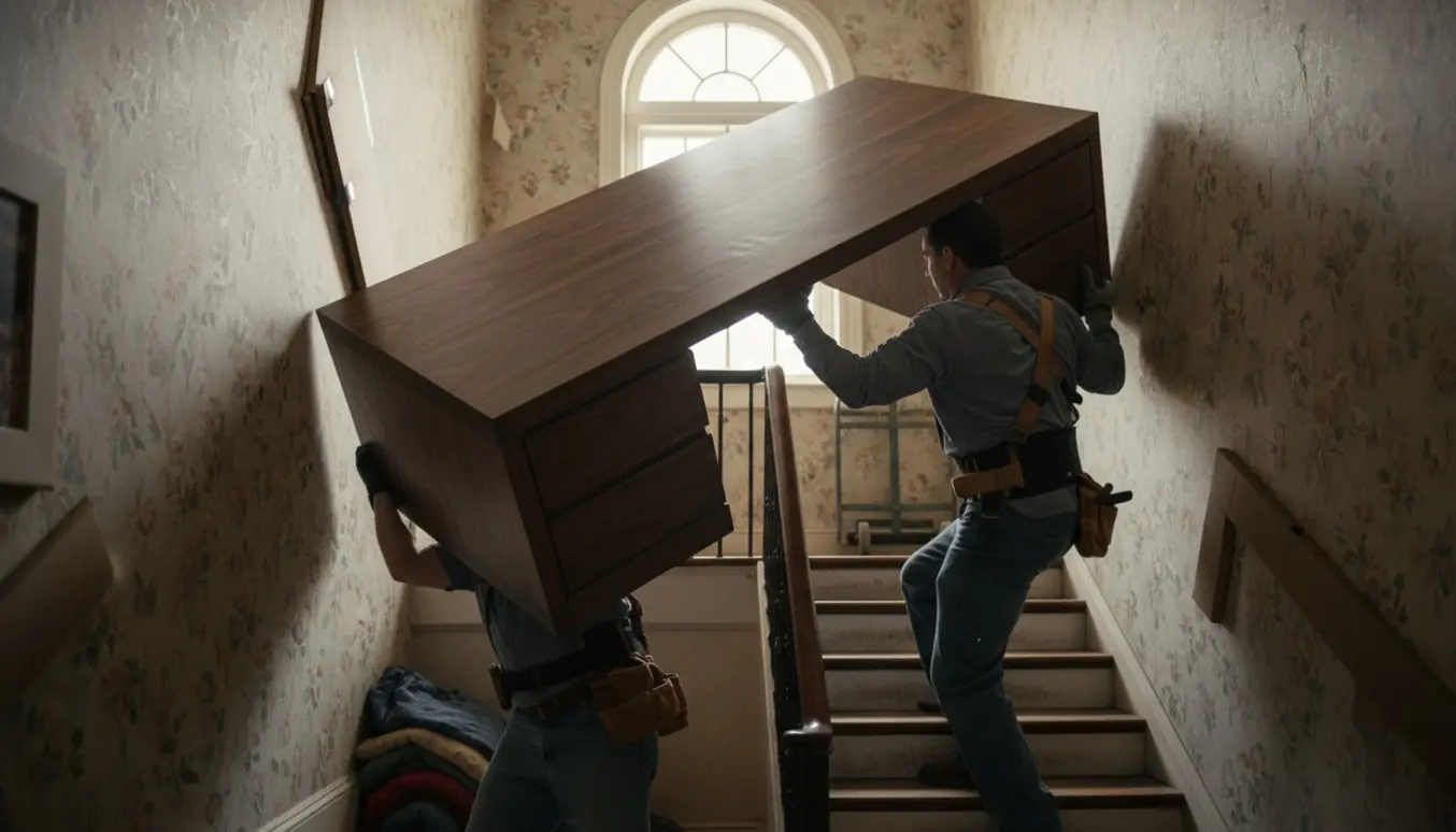 To personer bærer et tungt ét-styks skrivebord op ad en smal trappe mod anden sal, ansigter ikke synlige.