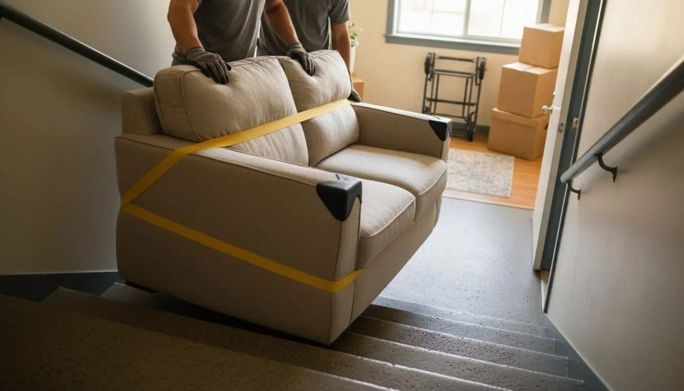 To flyttemænd løfter en 2-personers sofa op ad en trappe i en opgang, dækket af beskyttelsestæpper.