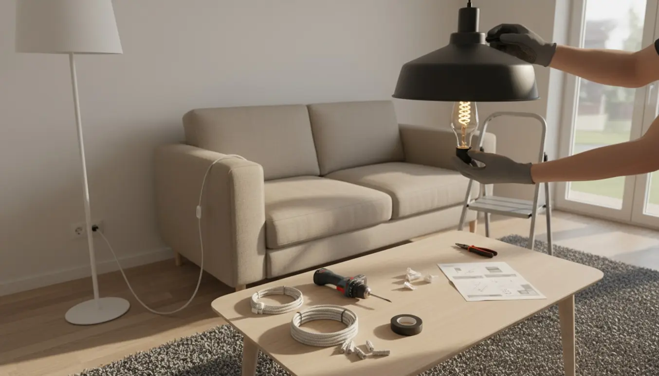 Sort loftslampe monteres mens en hvid lampe flyttes tættere på sofaen med ny ledning og værktøj til stede.
