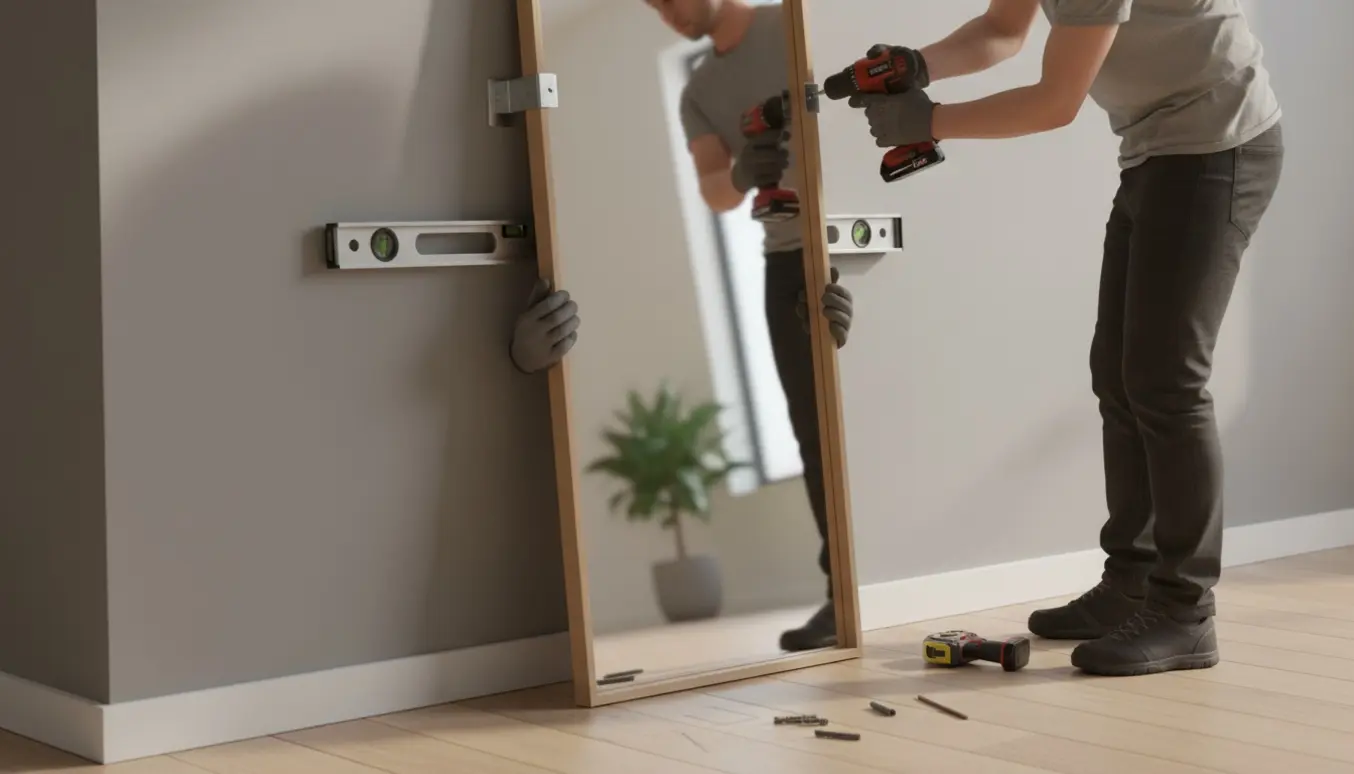 Hænder hænger et højt, smalt spejl op i en lys, moderne gang med værktøj på gulvet.