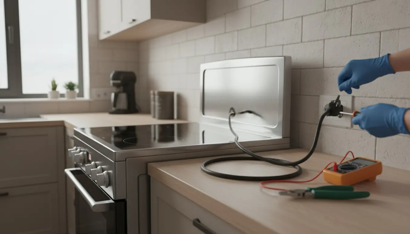 Nærbillede af handskerede hænder, der tilslutter ledningen til et induktionskomfur trukket ud fra væggen i et moderne køkken.