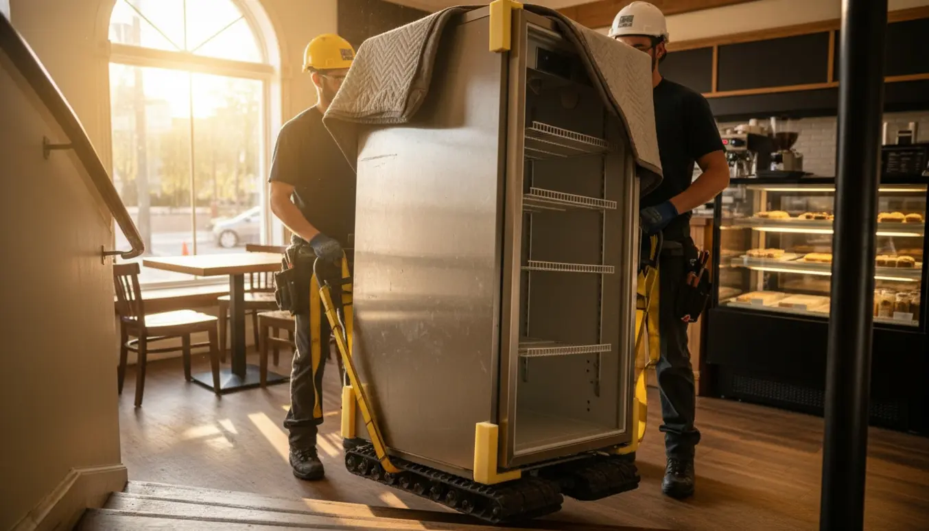 To håndværkere fører et slidt industrikøleskab ned ad en cafétrappe med trappevogn, tæpper og remme.