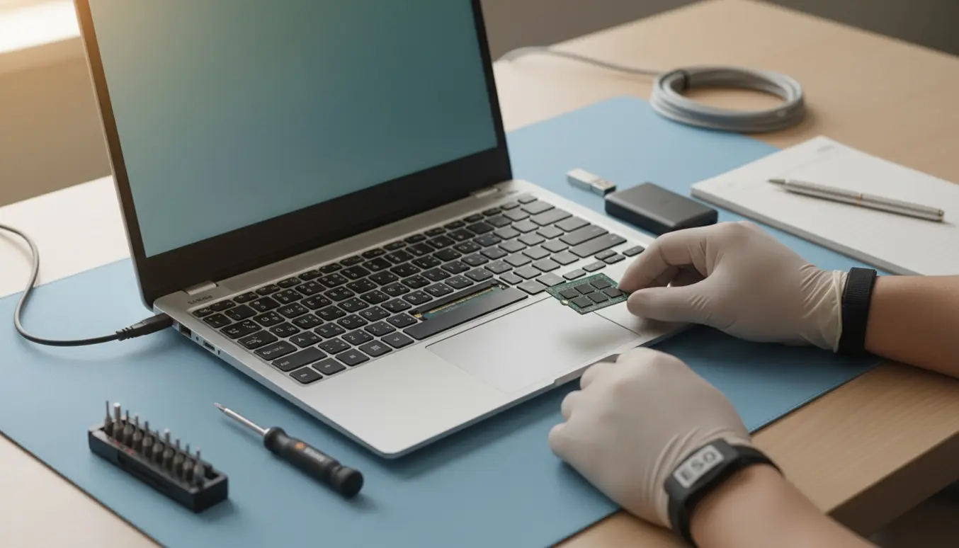 Hænder forbereder en virksomheds-laptop til kontrol og opsætning med USB-drev og værktøj på et arbejdsbord.