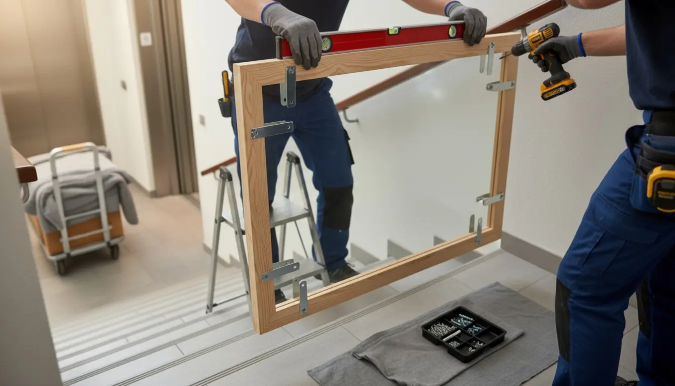 To håndværkere hænger et stort vandret indrammet spejl i en trappeopgang med beslag, rawlplugs og værktøj synligt.