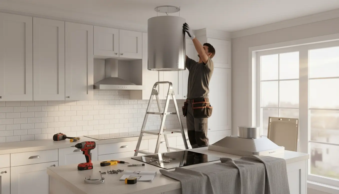 Ny rustfri loftemhætte løftes på plads i et lyst køkken, mens værktøj ligger klar og den gamle væghængte emhætte er fjernet.