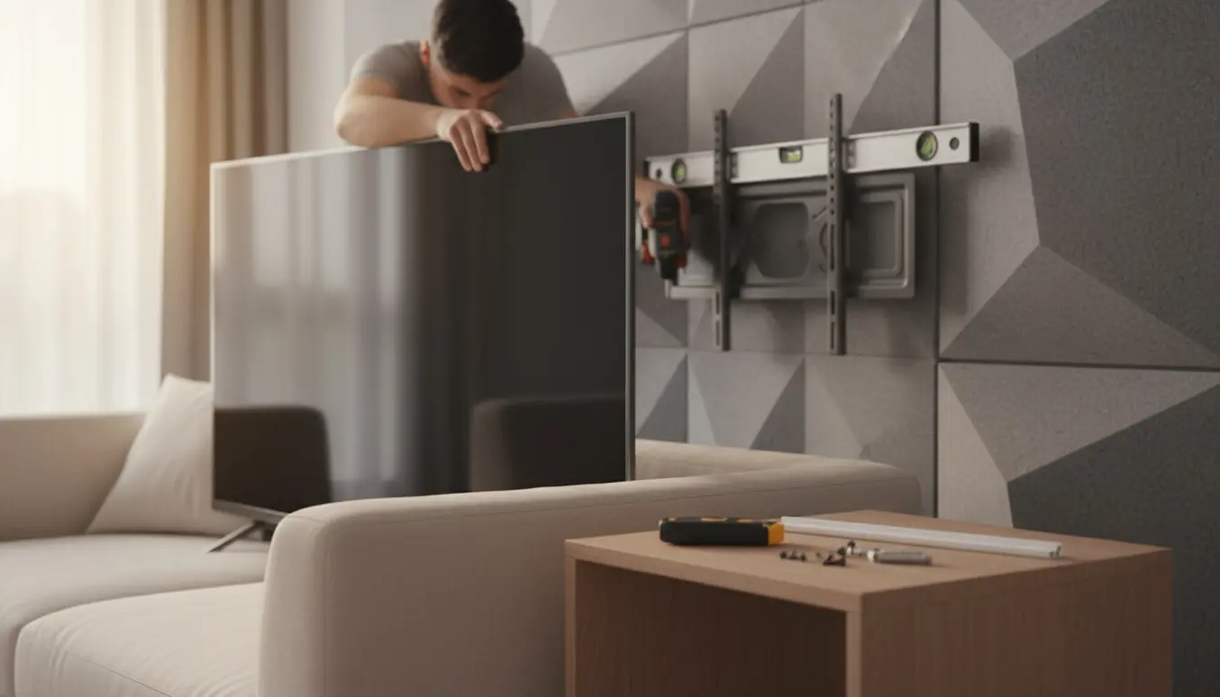 Installatør monterer et stort fladskærms-tv på en væg med akustikpaneler, med værktøj og kabelskjuler i forgrunden.