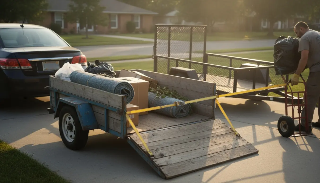 Åben trailer på indkørsel fyldt med sække og kasser klar til at blive læsset væk.