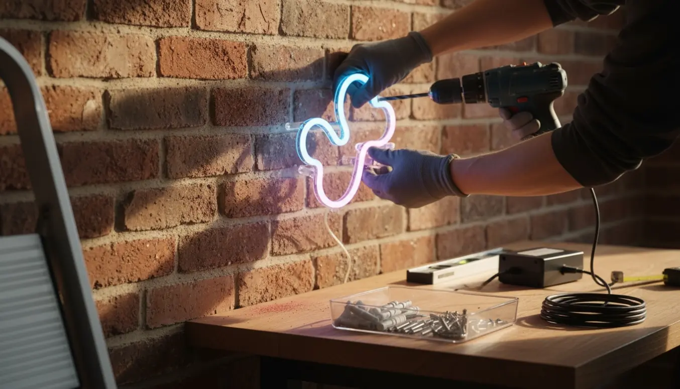 Hænder monterer et abstrakt neonskilt på en murstensvæg med boremaskine, rawlplugs og skruer.