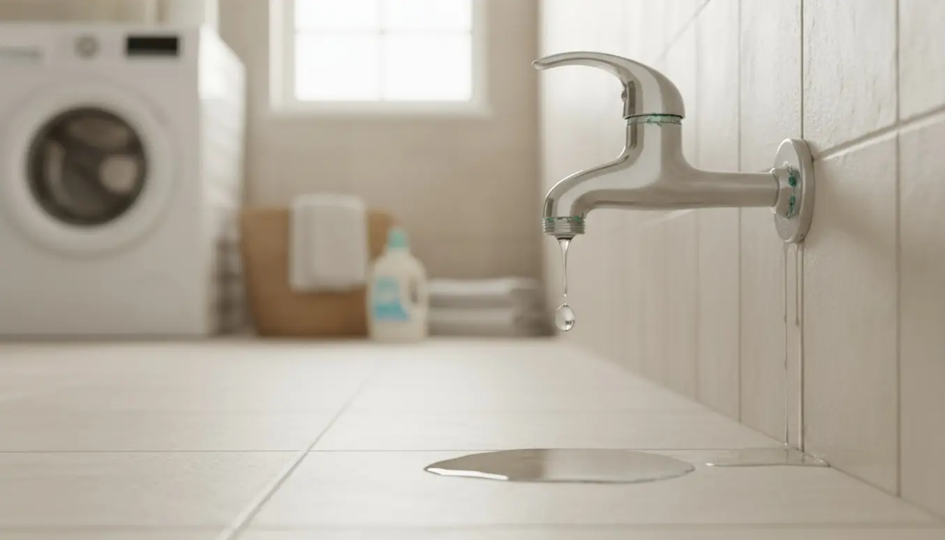 Tæt billede af en dryppende vandhane i bryggerset med en vanddråbe hængende over fugtig flise.