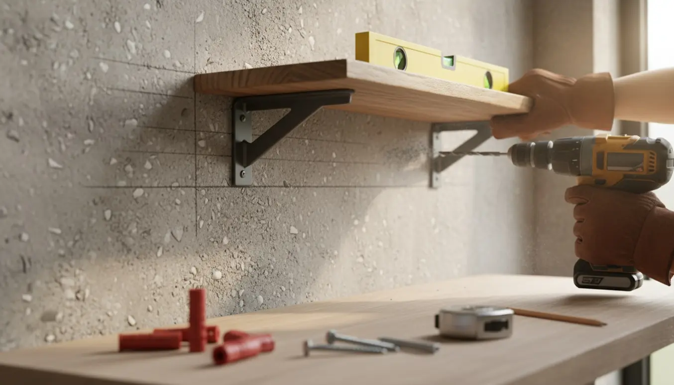 Nærbillede af montering af reol på betonvæg med boremaskine, rawlplugs og vaterpas.