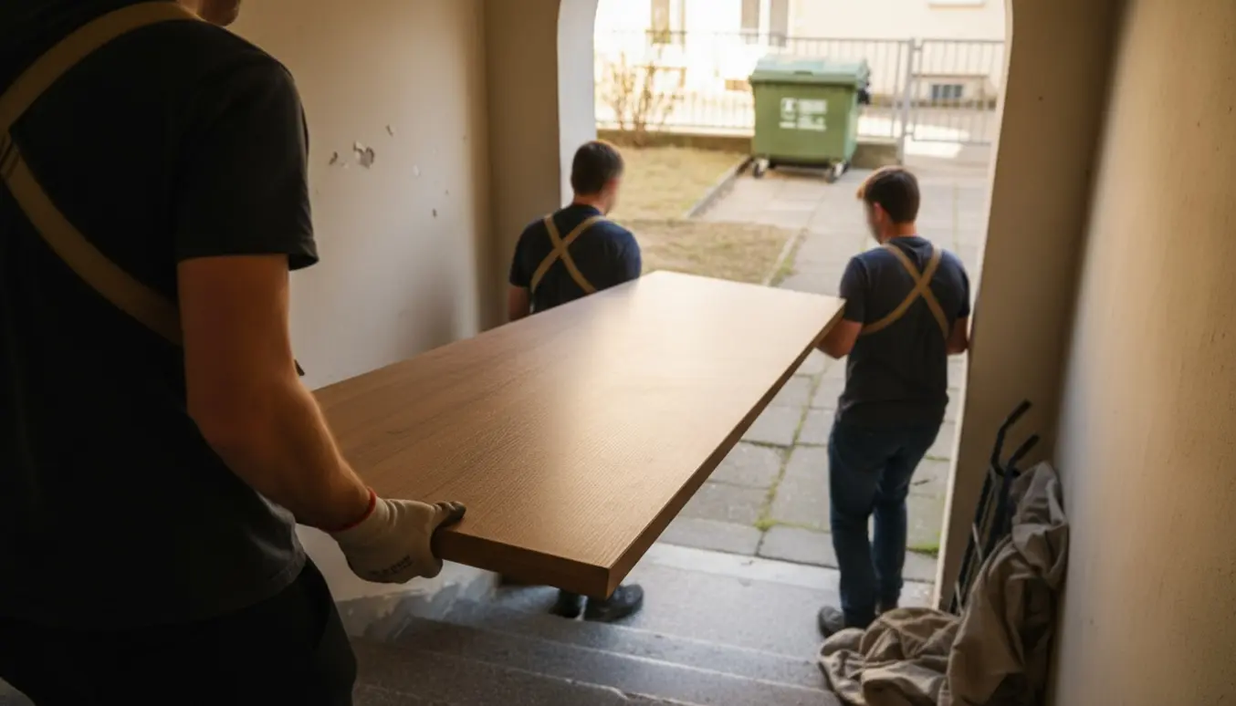 To personer bærer en 2,8 m bordplade fra 2. sal gennem trappeopgang mod en container til storskrald.